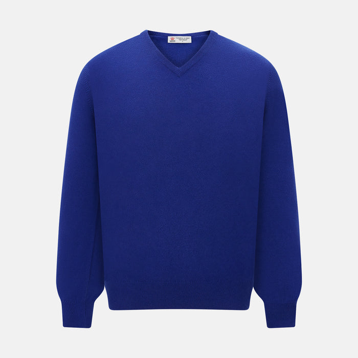 Royal Blue long-sleeve V-neck jumper in cashmere