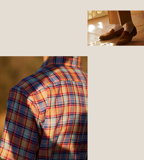 Close-up of a person wearing a colorful plaid shirt; above, a cropped image showing brown loafers, white socks, and tan pants on a light floor. Both images are set against a beige background.