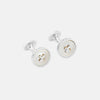 View 1 of product Turnbull & Asser Monogrammed White Sterling Silver Mother-of-Pearl Button Cufflinks shown on a light gray background.