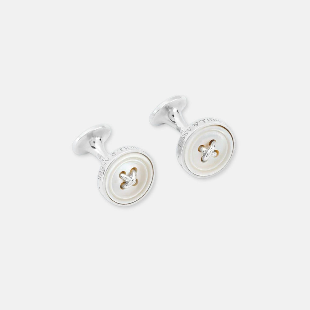 Turnbull & Asser Monogrammed White Sterling Silver Mother-of-Pearl Button Cufflinks shown on a light gray background.