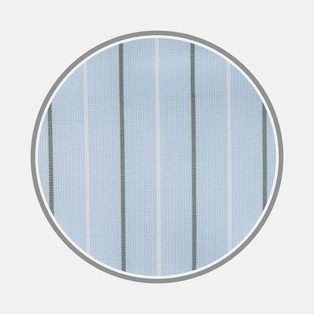 A close-up of Turnbull & Asser's BESPOKE FABRIC 1143 39—light blue with white and dark gray pinstripes—shown in a circular frame on white, ideal for custom shirts with refined monogram styles.