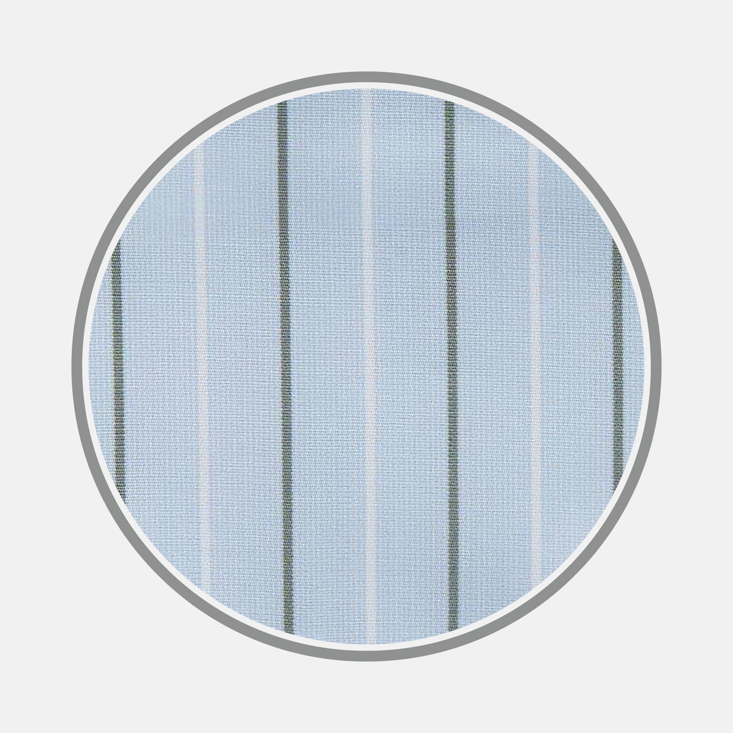View 1 of product A close-up of Turnbull & Asser's BESPOKE FABRIC 1143 39—light blue with white and dark gray pinstripes—shown in a circular frame on white, ideal for custom shirts with refined monogram styles.