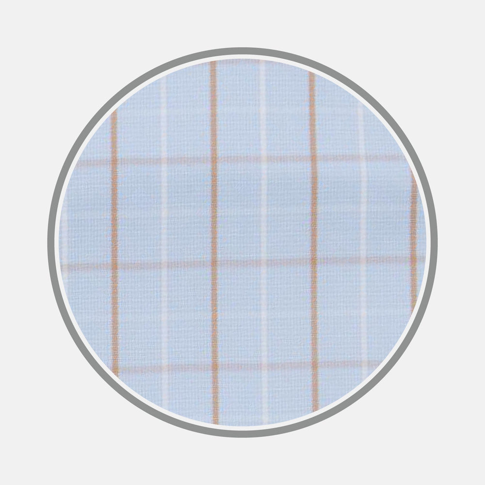 Close-up of Turnbull & Asser BESPOKE FABRIC 1144 45: light blue fabric with thin white and tan checks, ideal for custom shirts, shown within a circular gray border against a plain background.
