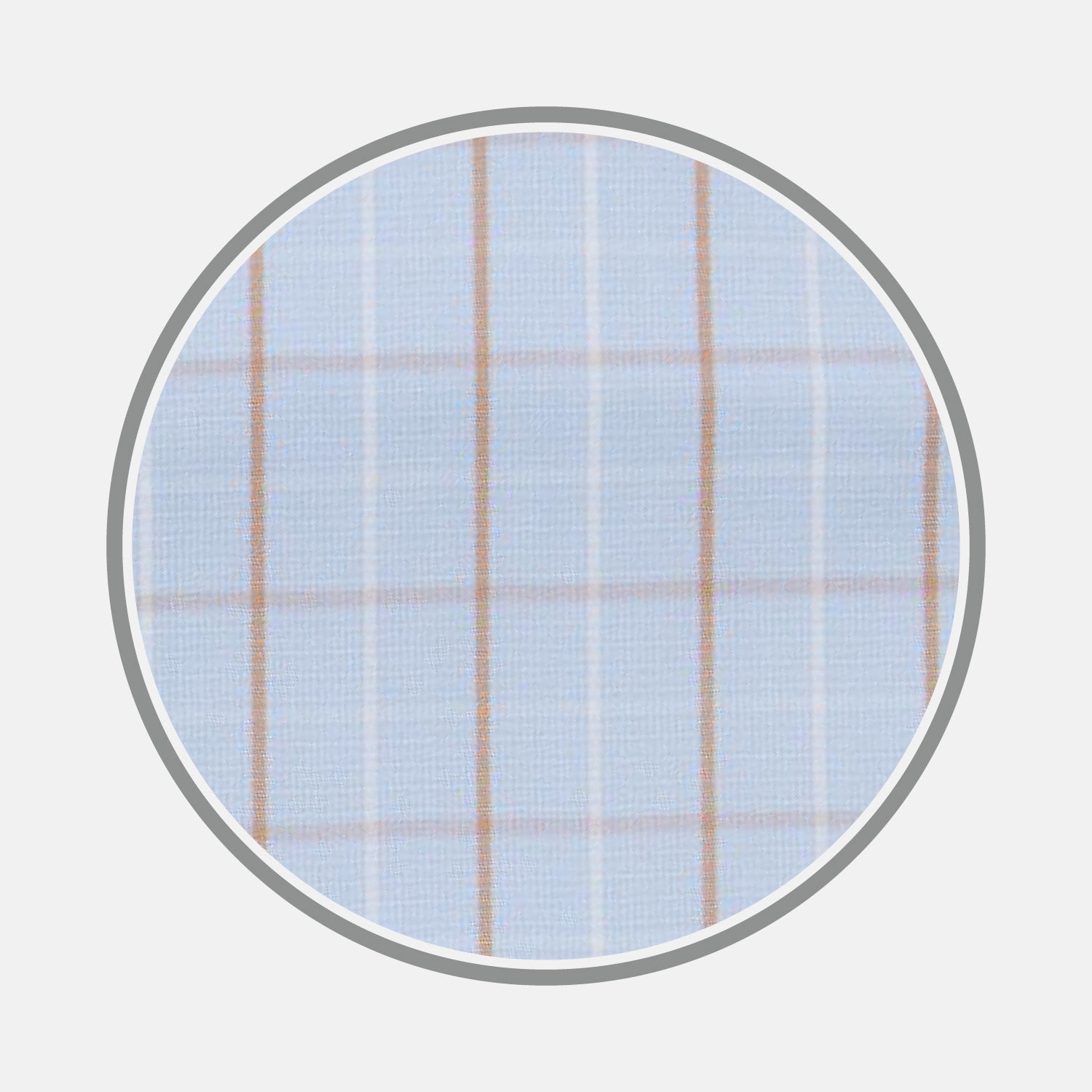 View 1 of product Close-up of Turnbull & Asser BESPOKE FABRIC 1144 45: light blue fabric with thin white and tan checks, ideal for custom shirts, shown within a circular gray border against a plain background.