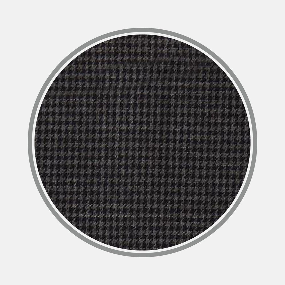 A close-up of BESPOKE FABRIC 1159 04 by Turnbull & Asser shows a dark houndstooth pattern with alternating black and gray checks, framed in a circle—perfect for custom or bespoke shirt designs.