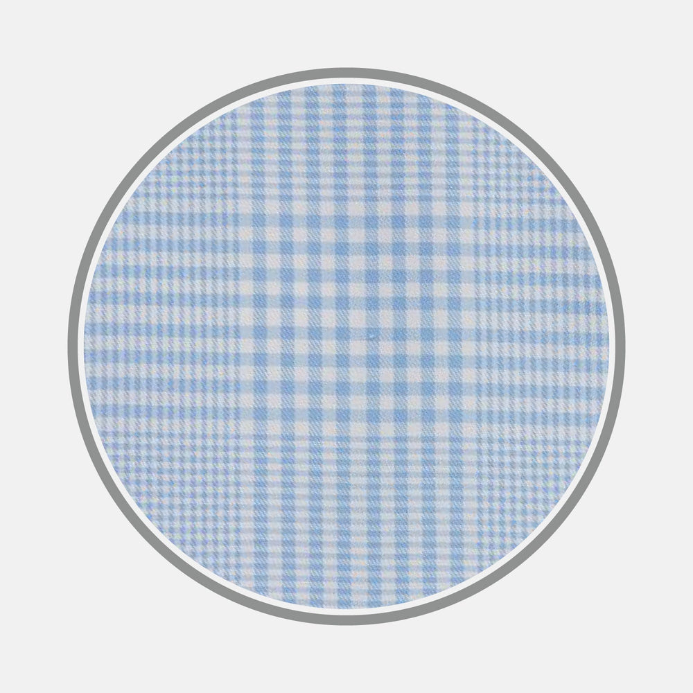 A circular swatch of BESPOKE FABRIC 1166 07 by Turnbull & Asser displays light blue and white gingham checks with a gray border—perfect for custom shirts or refined monogram styles.