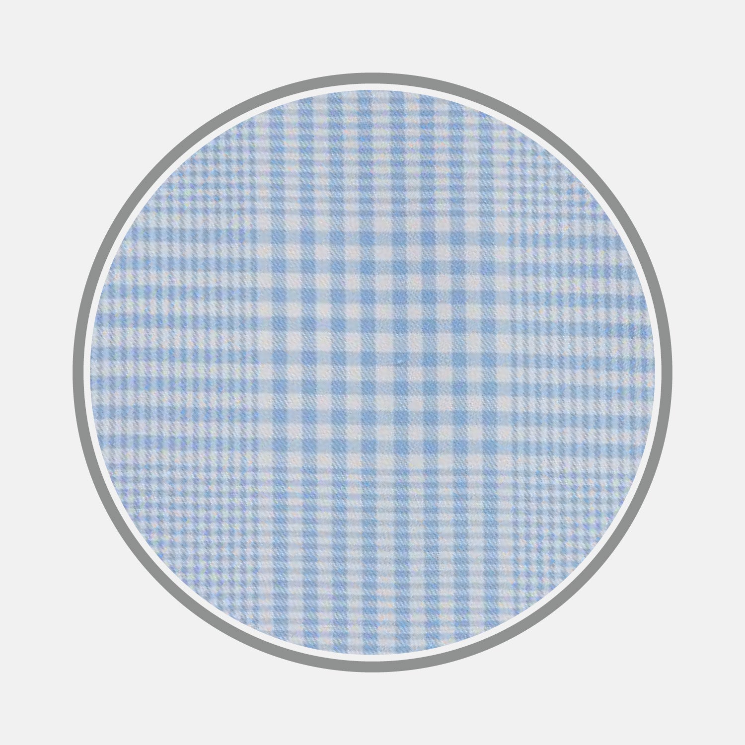 View 1 of product A circular swatch of BESPOKE FABRIC 1166 07 by Turnbull & Asser displays light blue and white gingham checks with a gray border—perfect for custom shirts or refined monogram styles.