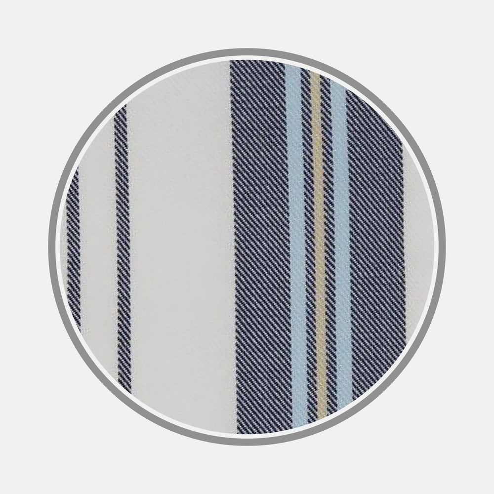A close-up of Turnbull & Asser's BESPOKE FABRIC 1167 06 shows diagonal stripes in navy blue, light blue, gold, and white—ideal for custom shirts—framed by a circular gray border on a light background.