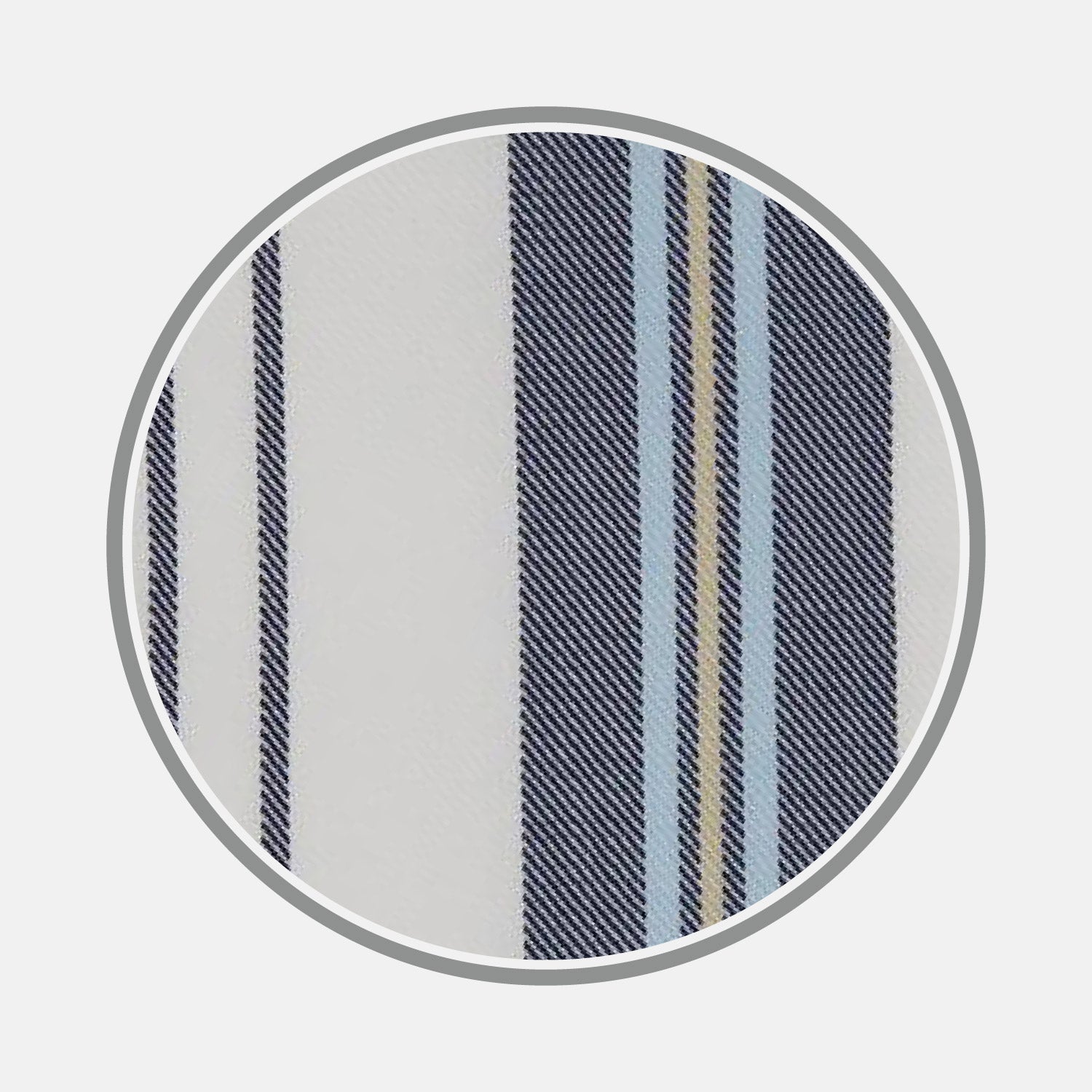 View 1 of product A close-up of Turnbull & Asser's BESPOKE FABRIC 1167 06 shows diagonal stripes in navy blue, light blue, gold, and white—ideal for custom shirts—framed by a circular gray border on a light background.