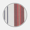 View 1 of product A close-up of Turnbull & Asser BESPOKE FABRIC 1167 08, featuring vertical red, navy blue, beige, and white stripes—ideal for custom shirts—framed by a circular gray border on a light gray background.