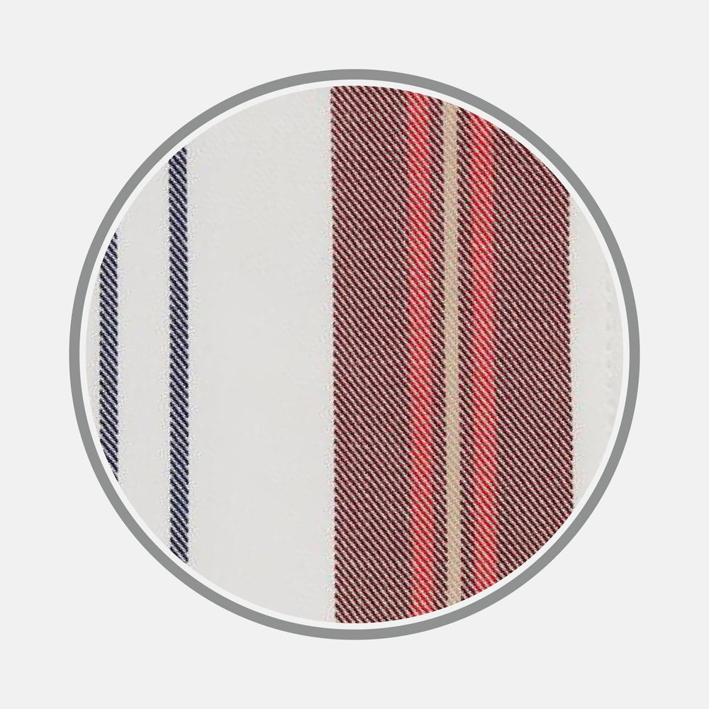 A close-up of Turnbull & Asser BESPOKE FABRIC 1167 08, featuring vertical red, navy blue, beige, and white stripes—ideal for custom shirts—framed by a circular gray border on a light gray background.