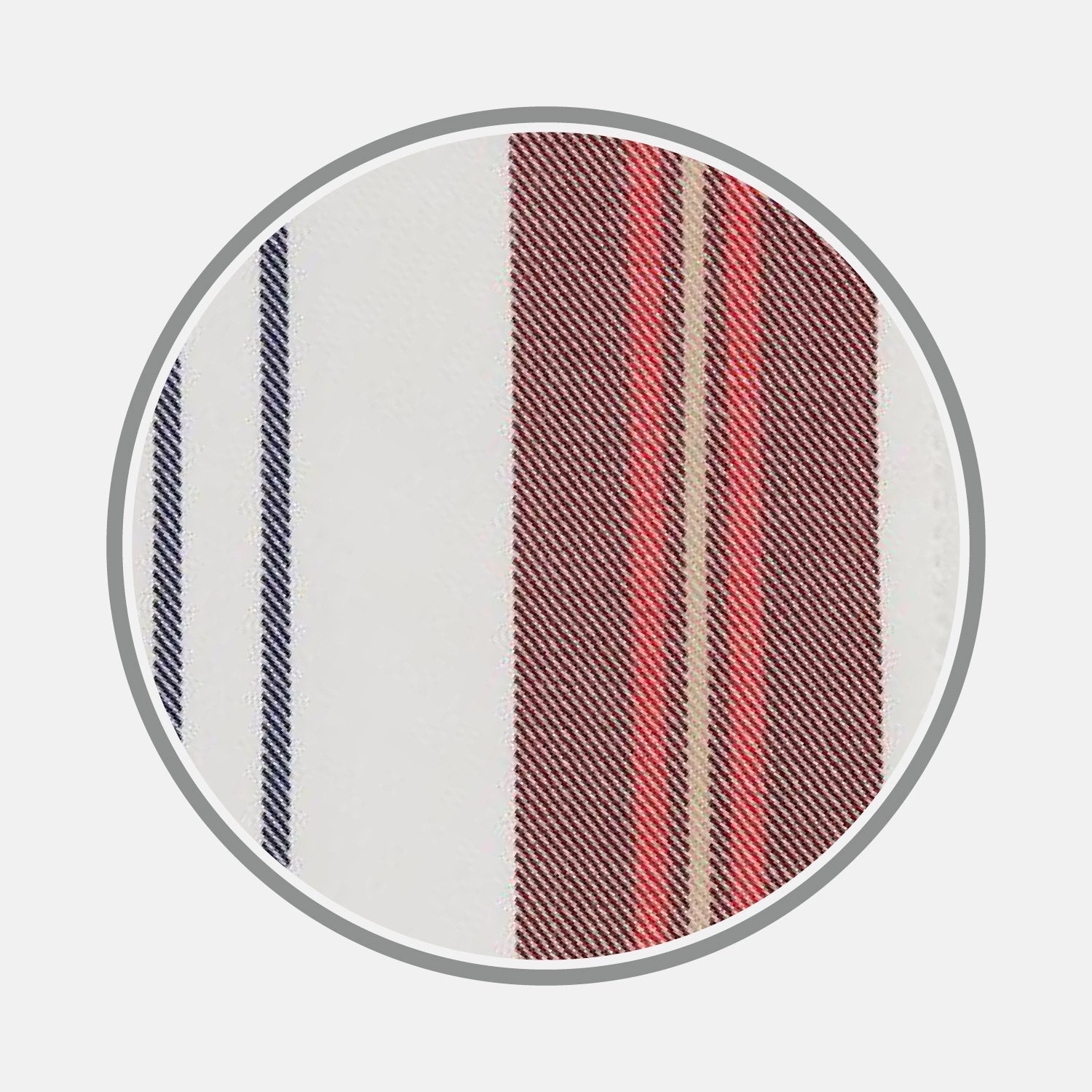 View 1 of product A close-up of Turnbull & Asser BESPOKE FABRIC 1167 08, featuring vertical red, navy blue, beige, and white stripes—ideal for custom shirts—framed by a circular gray border on a light gray background.