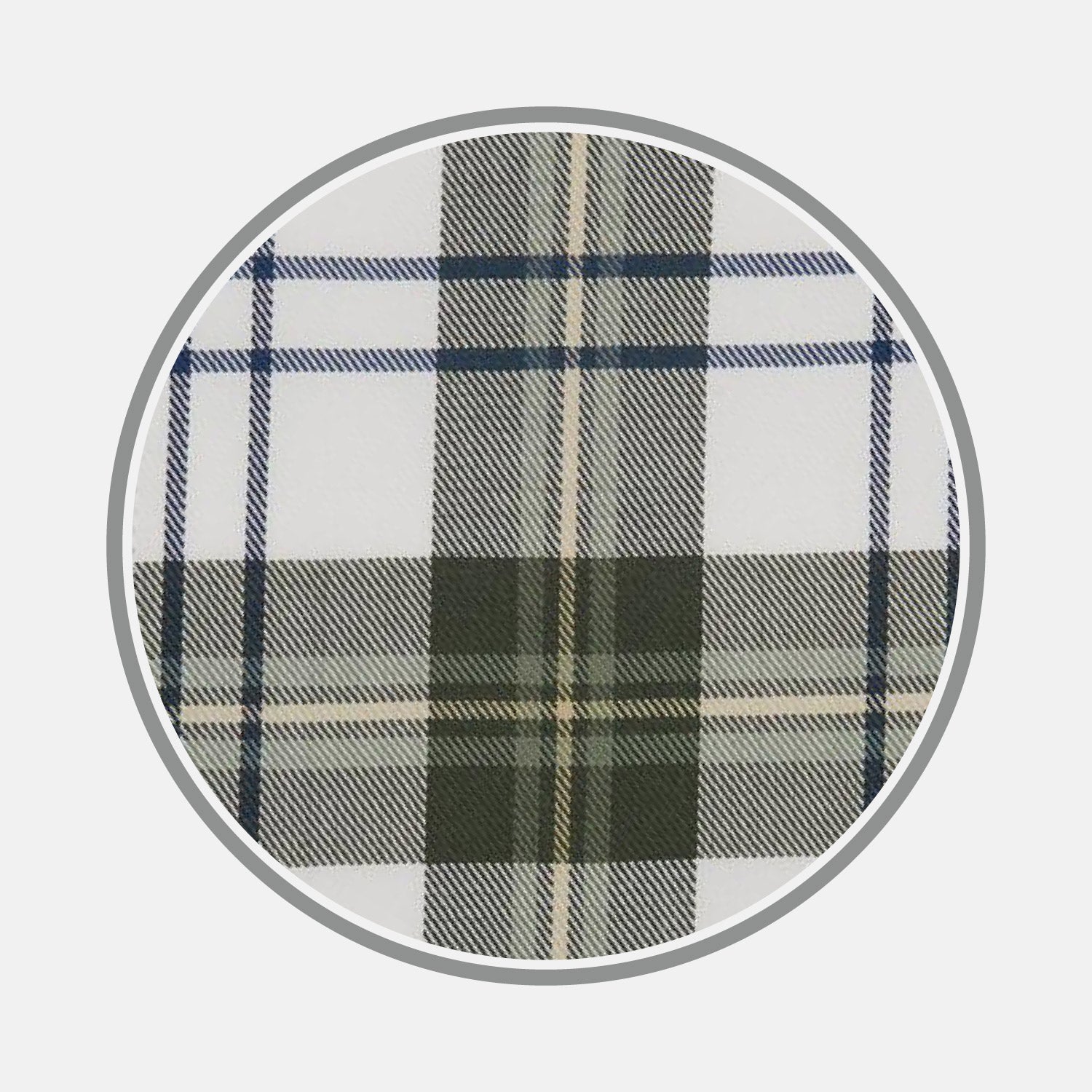 View 1 of product A circular swatch of Turnbull & Asser’s BESPOKE FABRIC 1169 47, featuring intersecting black, blue, and beige lines on a white background with a gray border—ideal for creating bespoke shirts.