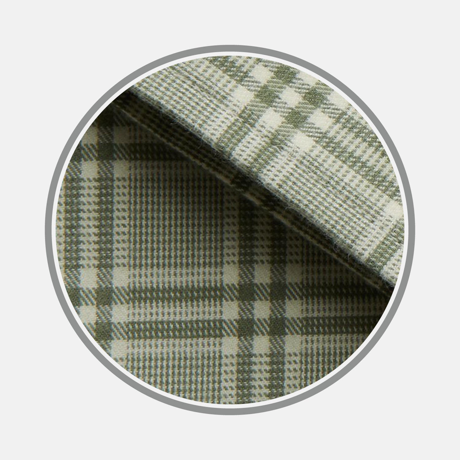 View 1 of product Close-up of BESPOKE FABRIC 1173 08 by Turnbull & Asser—a green and white plaid with intersecting lines in a checkered pattern, shown in a circular frame on a light gray background. Ideal for crafting your next custom shirt.