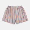 View 1 of product Orange and burgundy striped cotton boxer shorts by Turnbull & Asser UK, featuring a relaxed fit and an elastic waistband. The vertical stripes incorporate shades of orange, burgundy, yellow, and blue, and are displayed against a white background.