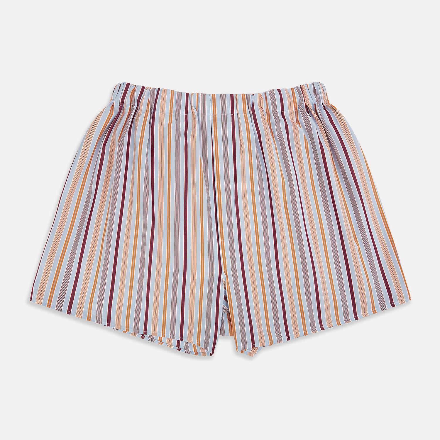 View 1 of product Orange and burgundy striped cotton boxer shorts by Turnbull & Asser UK, featuring a relaxed fit and an elastic waistband. The vertical stripes incorporate shades of orange, burgundy, yellow, and blue, and are displayed against a white background.