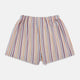 Orange and burgundy striped cotton boxer shorts by Turnbull & Asser UK, featuring a relaxed fit and an elastic waistband. The vertical stripes incorporate shades of orange, burgundy, yellow, and blue, and are displayed against a white background.