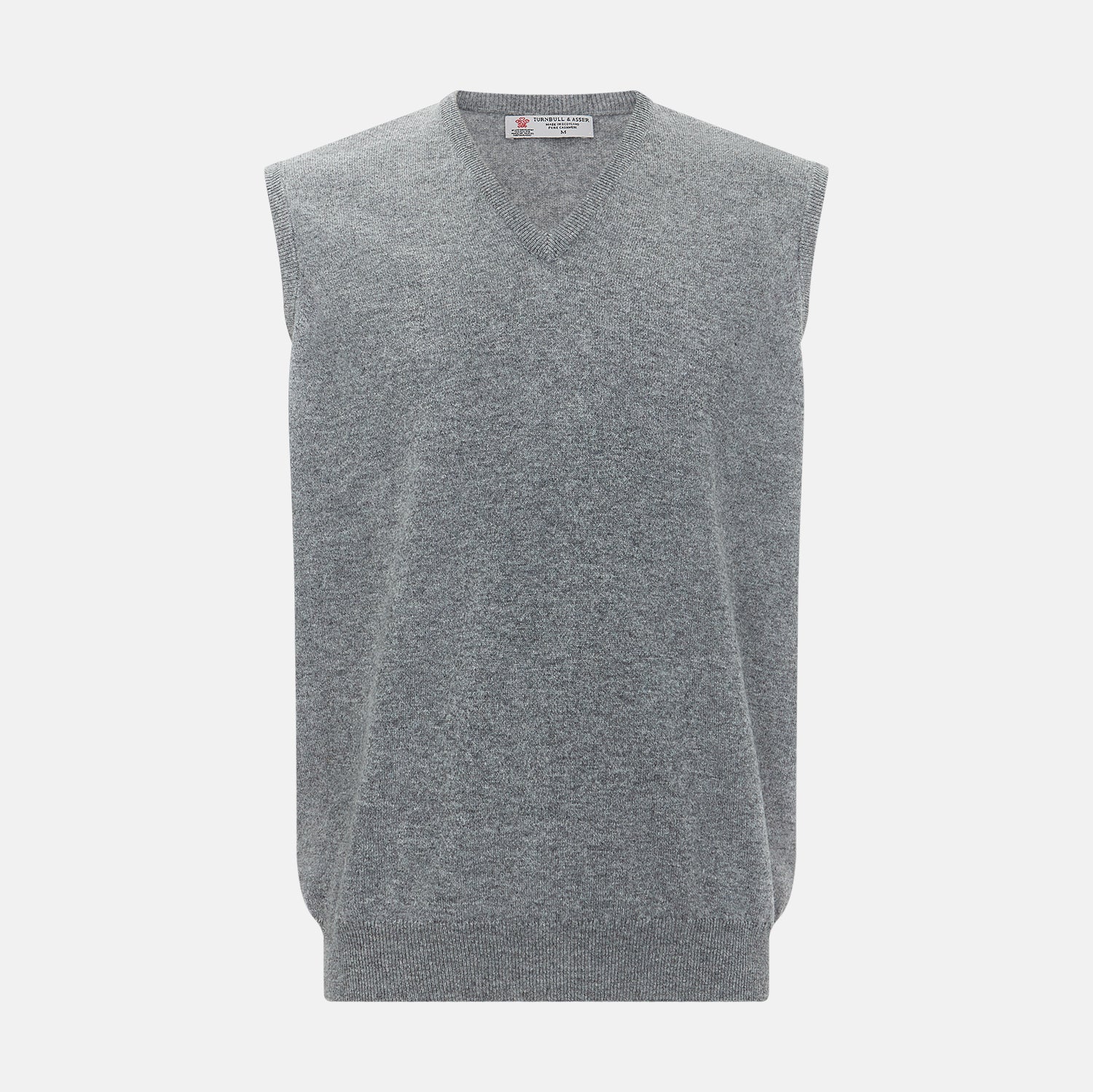View 1 of product Turnbull & Asser UK’s marl grey sleeveless V-neck vest in cashmere, featuring a ribbed hem and crafted from soft knit fabric, is showcased against a plain white background.