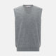 Turnbull & Asser UK’s marl grey sleeveless V-neck vest in cashmere, featuring a ribbed hem and crafted from soft knit fabric, is showcased against a plain white background.