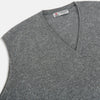 View 2 of product Turnbull & Asser UK’s marl grey sleeveless V-neck vest in cashmere, featuring a ribbed hem and crafted from soft knit fabric, is showcased against a plain white background.