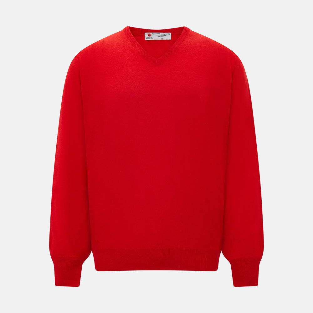 The Turnbull & Asser UK Red long-sleeve V-neck jumper in cashmere features ribbed cuffs and hem, and is shown on a white background.