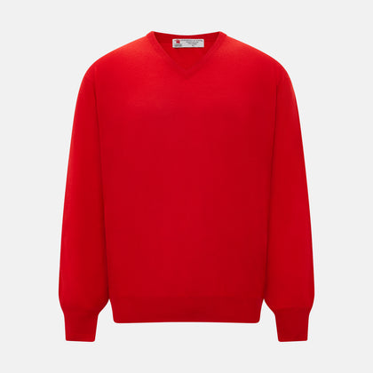 Red long-sleeve V-neck jumper in cashmere