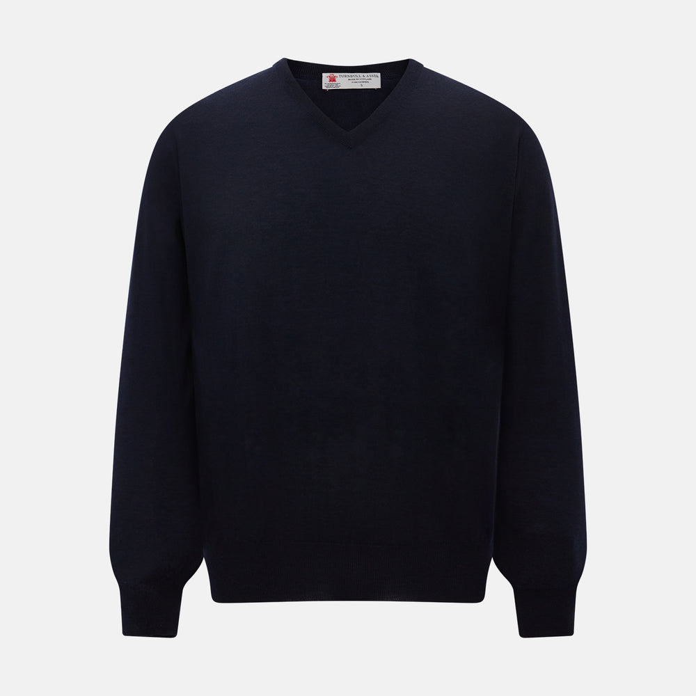 The Turnbull & Asser UK Black long-sleeve V-neck jumper in cashmere is displayed against a white background.