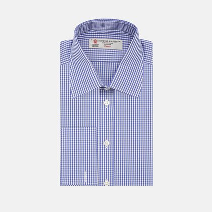 Mid Blue Gingham Check Shirt with T&A Collar and Double Cuffs