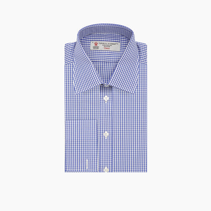 Mid Blue Gingham Check Shirt with T&A Collar and Double Cuffs Image 2