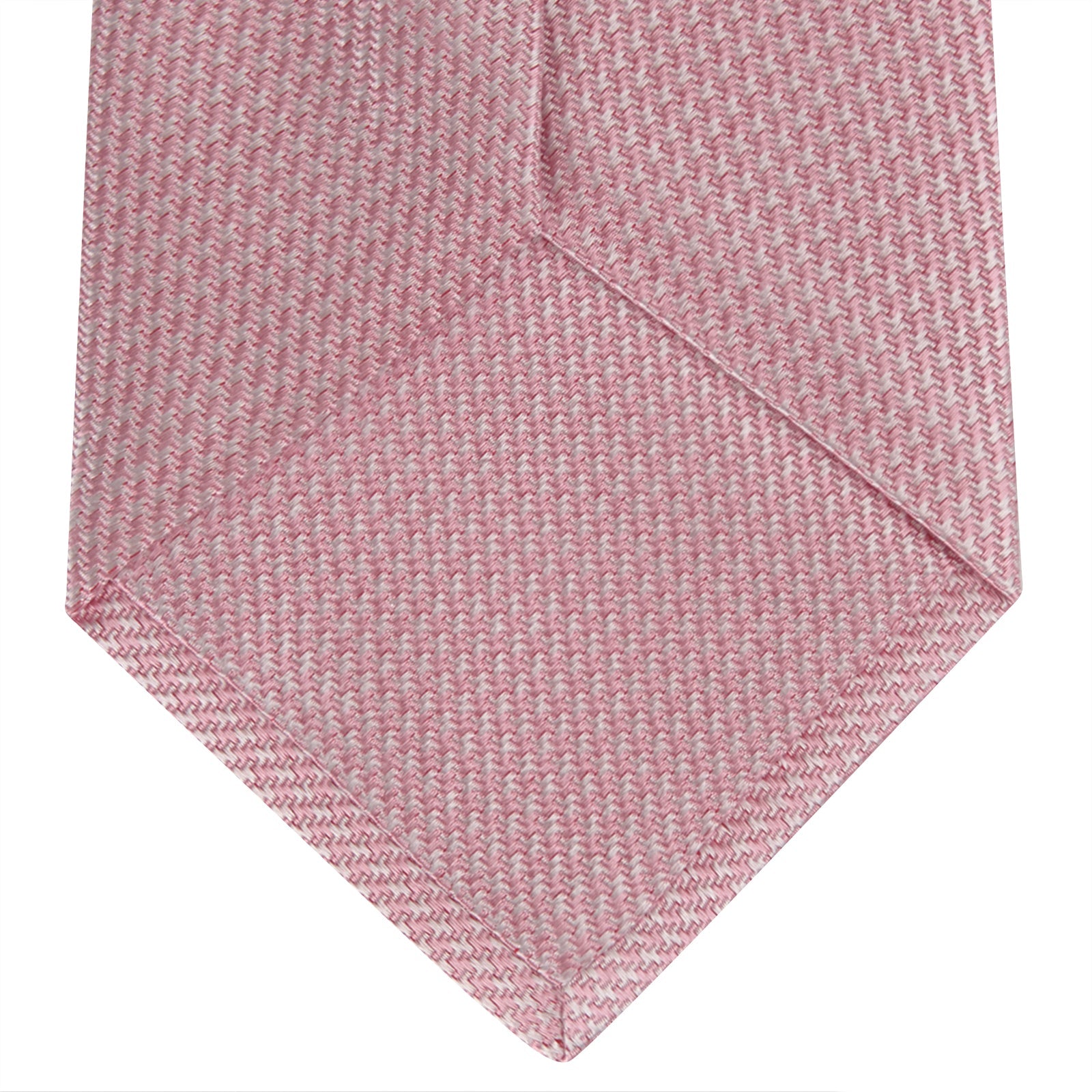 View 4 of product The Turnbull & Asser Pink Houndstooth Silk Tie, featuring a subtle textured pattern, is rolled up and displayed on a plain white background—ideal for pairing with your favorite office shirt.