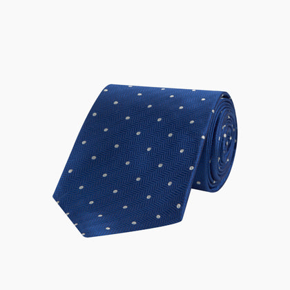 Royal Blue and White Small Spot Herringbone Silk Tie Image 4
