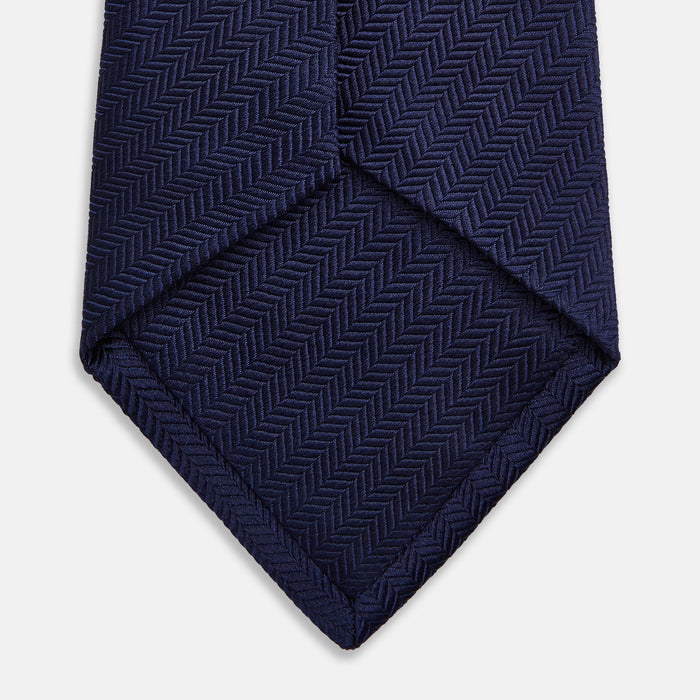 Slim Navy Herringbone Silk Tie Image 3