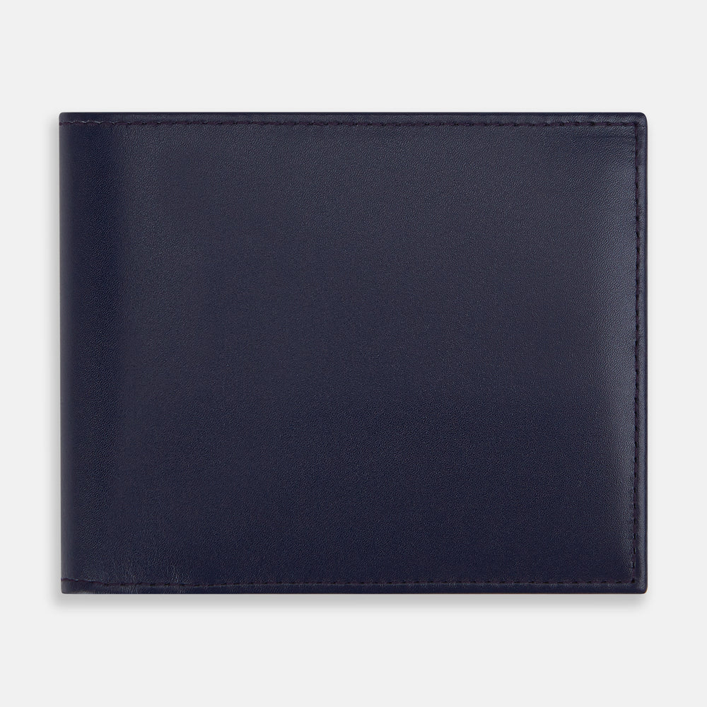 A closed, plain dark navy leather wallet from Turnbull & Asser UK, featuring multiple card slots and a coin pocket, is shown against a white background.