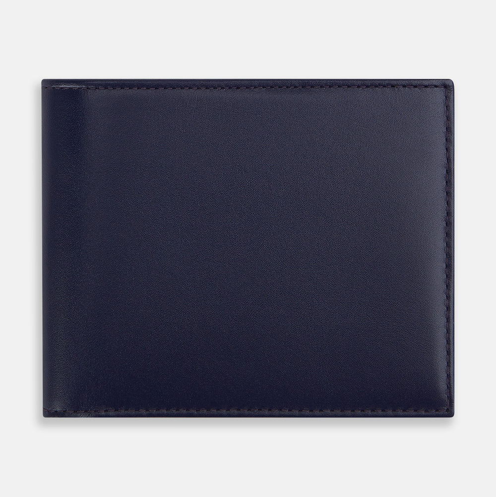 A Navy Blue Leather Wallet by Turnbull & Asser UK is displayed against a plain white background. This everyday accessory features a sleek, minimalist design with visible edge stitching and carefully arranged card slots inside.