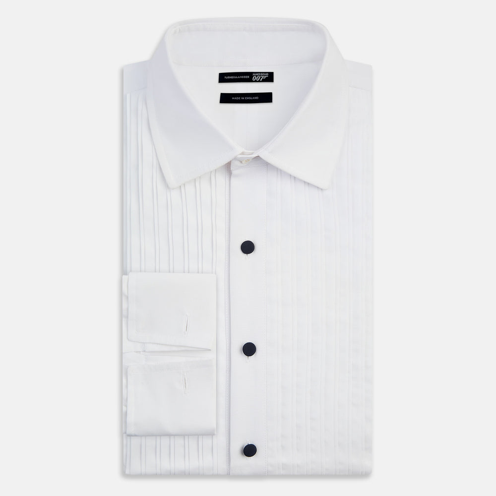 Turnbull & Asser UK Casino Royale White Dress Shirt in Cotton featuring a white cotton poplin design with a pleated bib front and dark buttons.