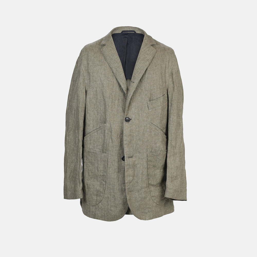 The Riviera Olive Oversized Blazer in Linen by Turnbull & Asser UK is a warm-weather-inspired blazer in an olive hue, featuring a relaxed fit, notched lapels, three front pockets, and two buttons, showcased against a plain white background.