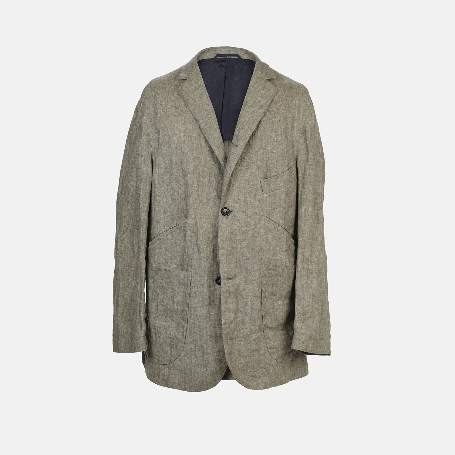 View 1 of product The Riviera Olive Oversized Blazer in Linen by Turnbull & Asser UK is a warm-weather-inspired blazer in an olive hue, featuring a relaxed fit, notched lapels, three front pockets, and two buttons, showcased against a plain white background.