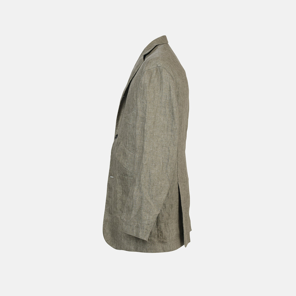 The Riviera Olive Oversized Blazer in Linen by Turnbull & Asser UK is a warm-weather-inspired blazer in an olive hue, featuring a relaxed fit, notched lapels, three front pockets, and two buttons, showcased against a plain white background.