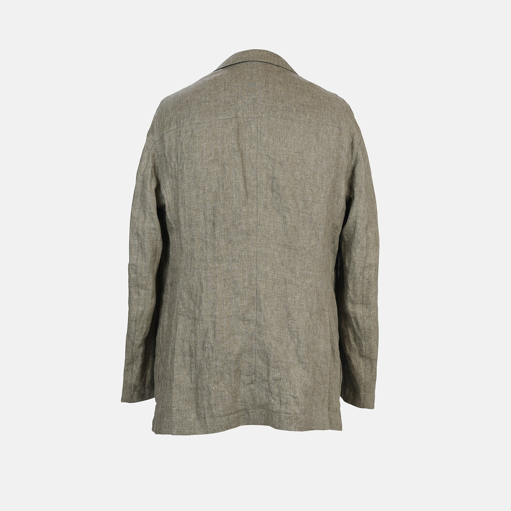 The Riviera Olive Oversized Blazer in Linen by Turnbull & Asser UK is a warm-weather-inspired blazer in an olive hue, featuring a relaxed fit, notched lapels, three front pockets, and two buttons, showcased against a plain white background.