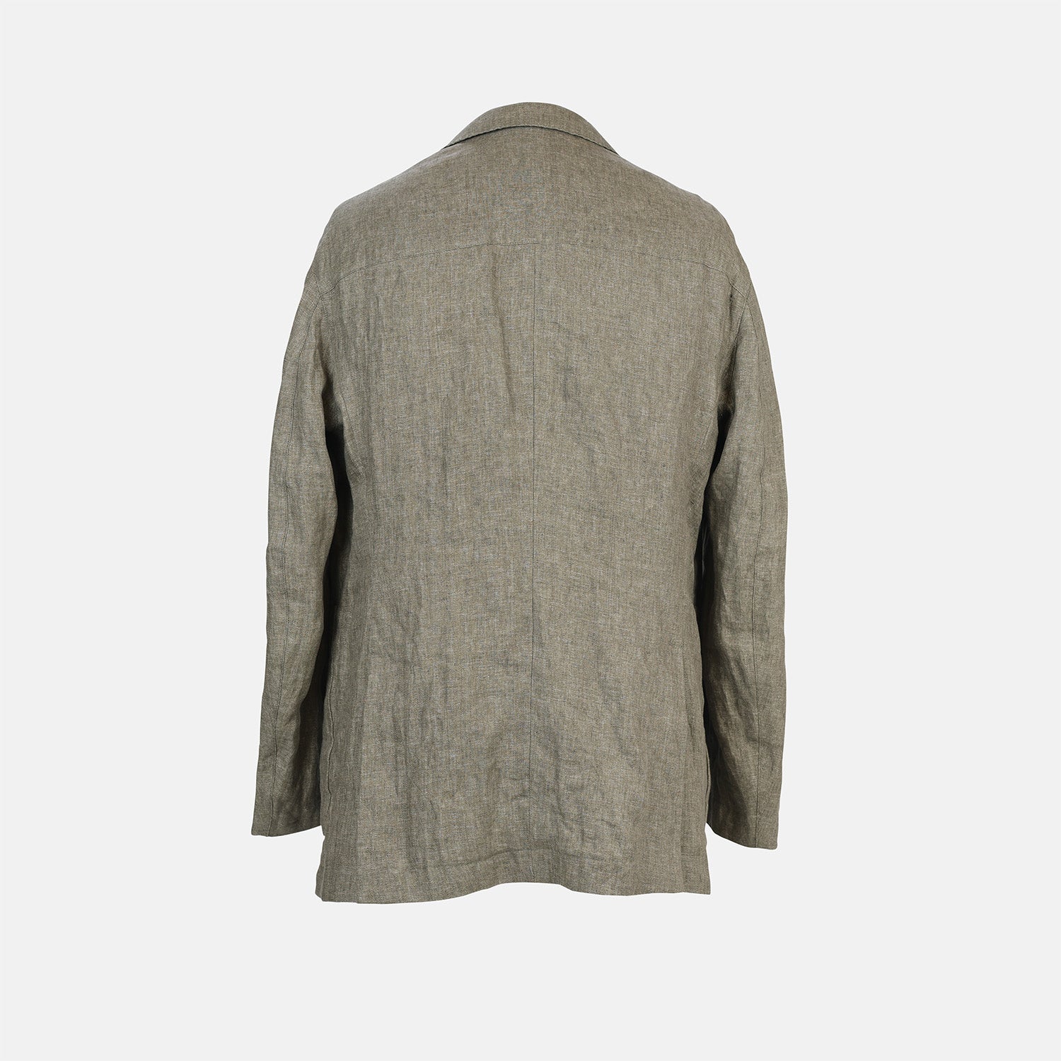 View 2 of product The Riviera Olive Oversized Blazer in Linen by Turnbull & Asser UK is a warm-weather-inspired blazer in an olive hue, featuring a relaxed fit, notched lapels, three front pockets, and two buttons, showcased against a plain white background.