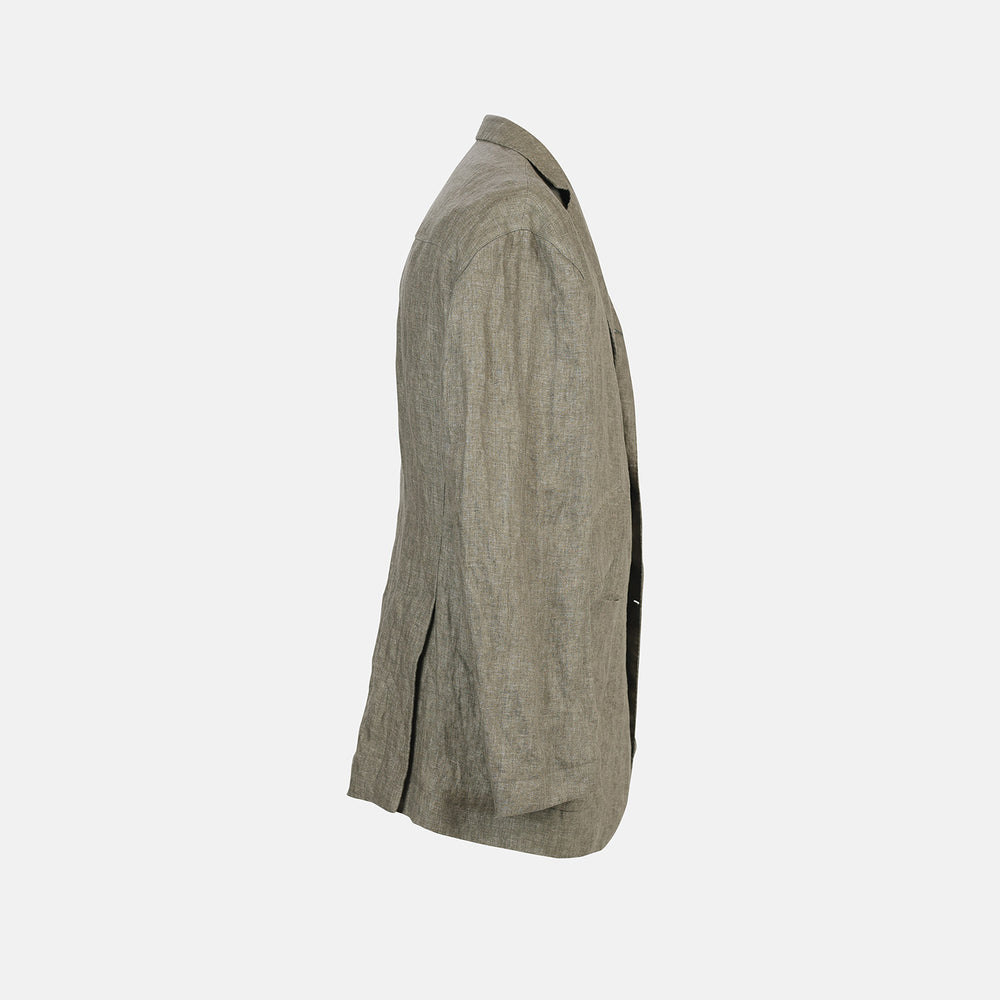 The Riviera Olive Oversized Blazer in Linen by Turnbull & Asser UK is a warm-weather-inspired blazer in an olive hue, featuring a relaxed fit, notched lapels, three front pockets, and two buttons, showcased against a plain white background.