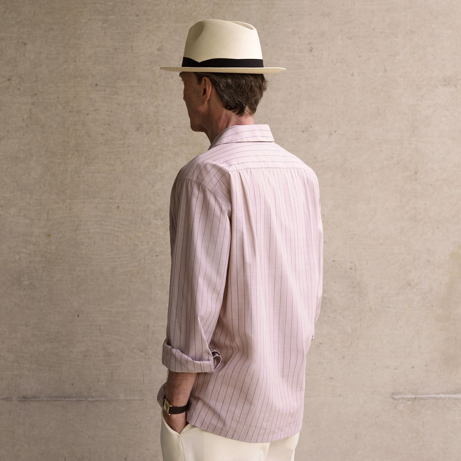 Image 3 of product Beige Stripe Cotton Holiday Fit Shirt with Revere Collar & Single Button Cuff