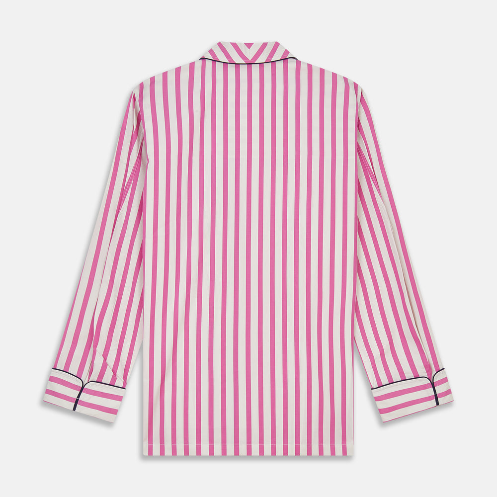 The Turnbull & Asser Pink Candy Stripe Cotton Traditional Pyjamas feature long sleeves, pants, vertical pink candy stripes, a camp collar shirt with buttons, chest pocket, and navy trim on the pocket and cuffs.