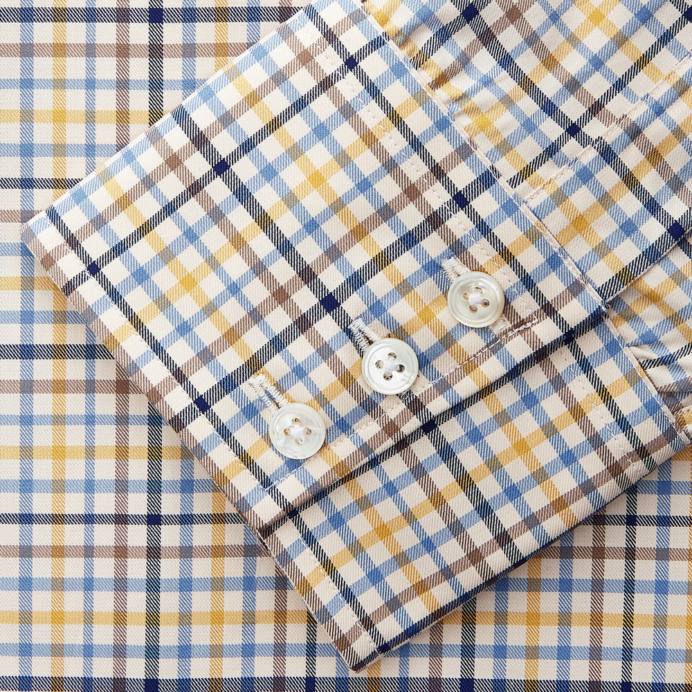 The Yellow Multi Check Regular Fit Shirt by Turnbull & Asser features a T&A collar and 3 button cuffs, showcased flat on a white background.