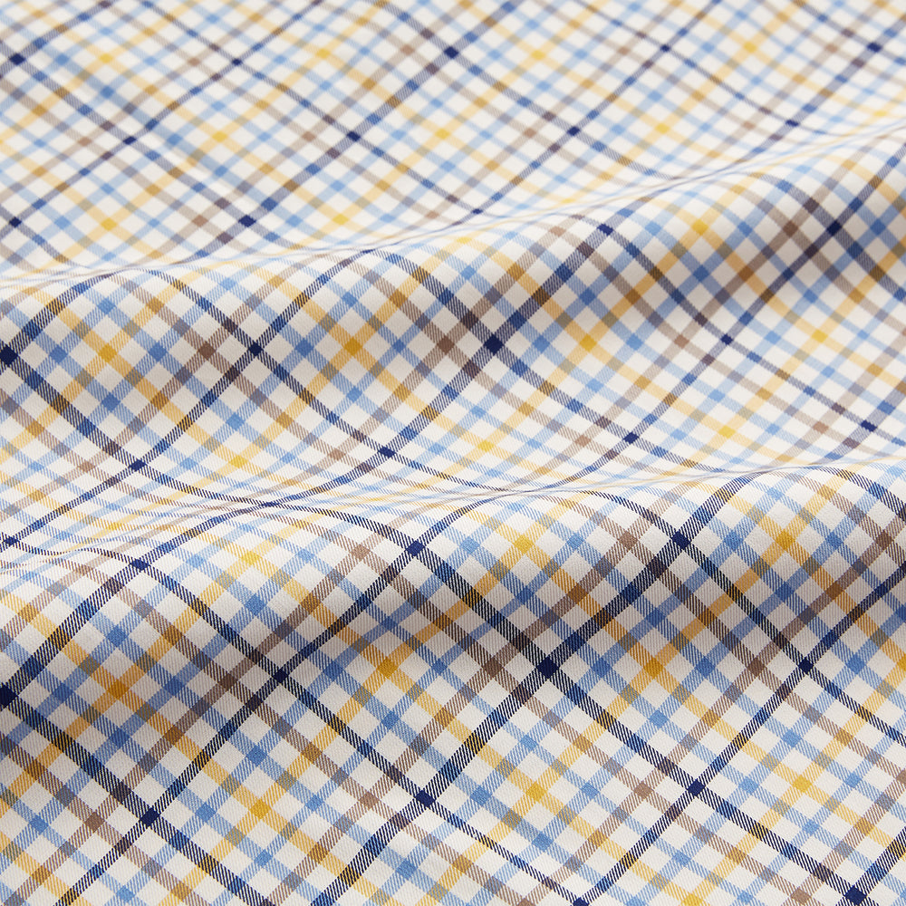 The Yellow Multi Check Regular Fit Shirt by Turnbull & Asser features a T&A collar and 3 button cuffs, showcased flat on a white background.