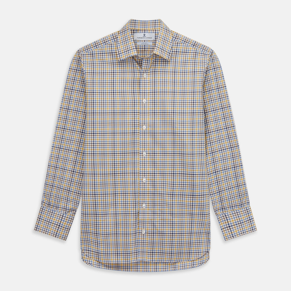 The Yellow Multi Check Regular Fit Shirt by Turnbull & Asser features a T&A collar and 3 button cuffs, showcased flat on a white background.