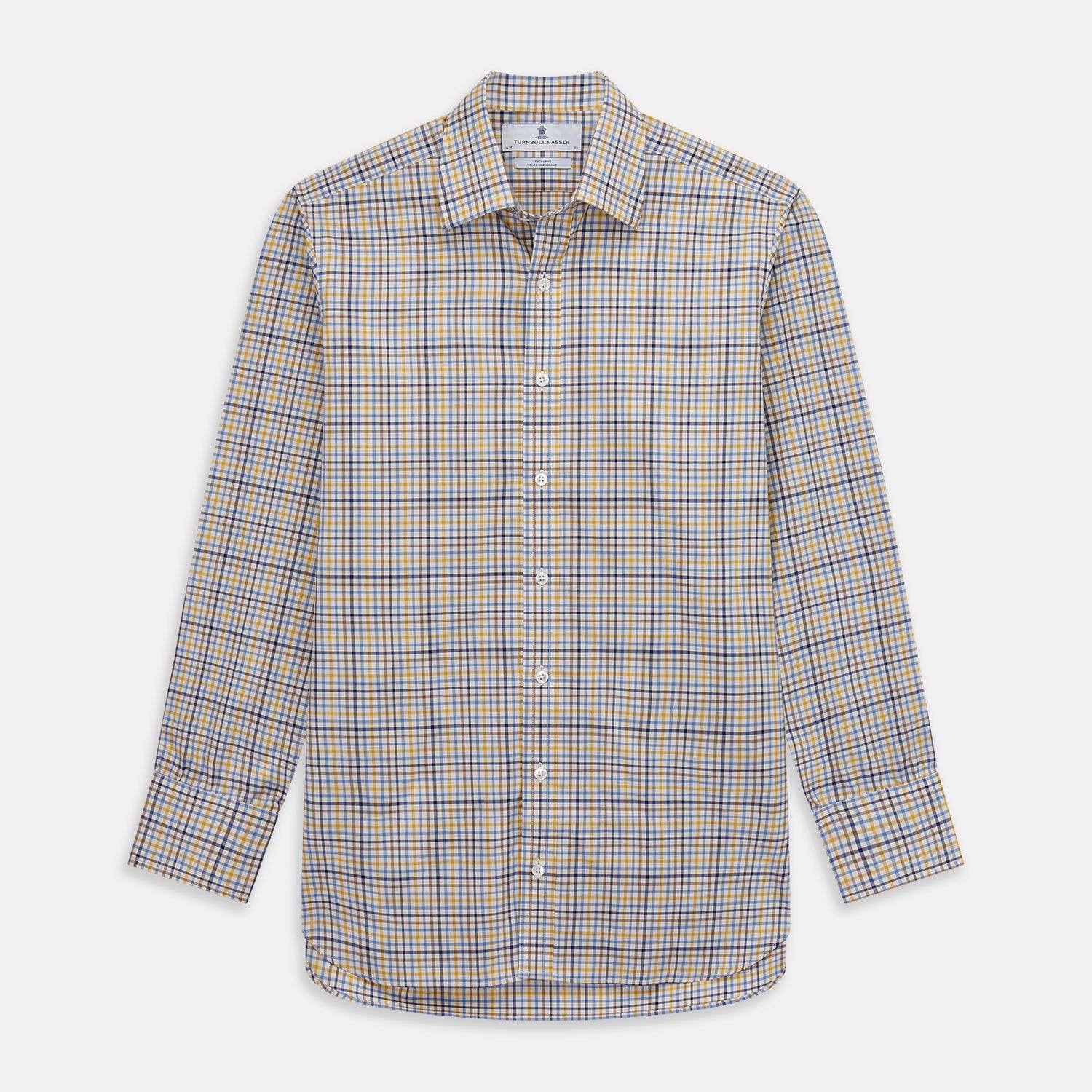 View 1 of product The Yellow Multi Check Regular Fit Shirt by Turnbull & Asser features a T&A collar and 3 button cuffs, showcased flat on a white background.