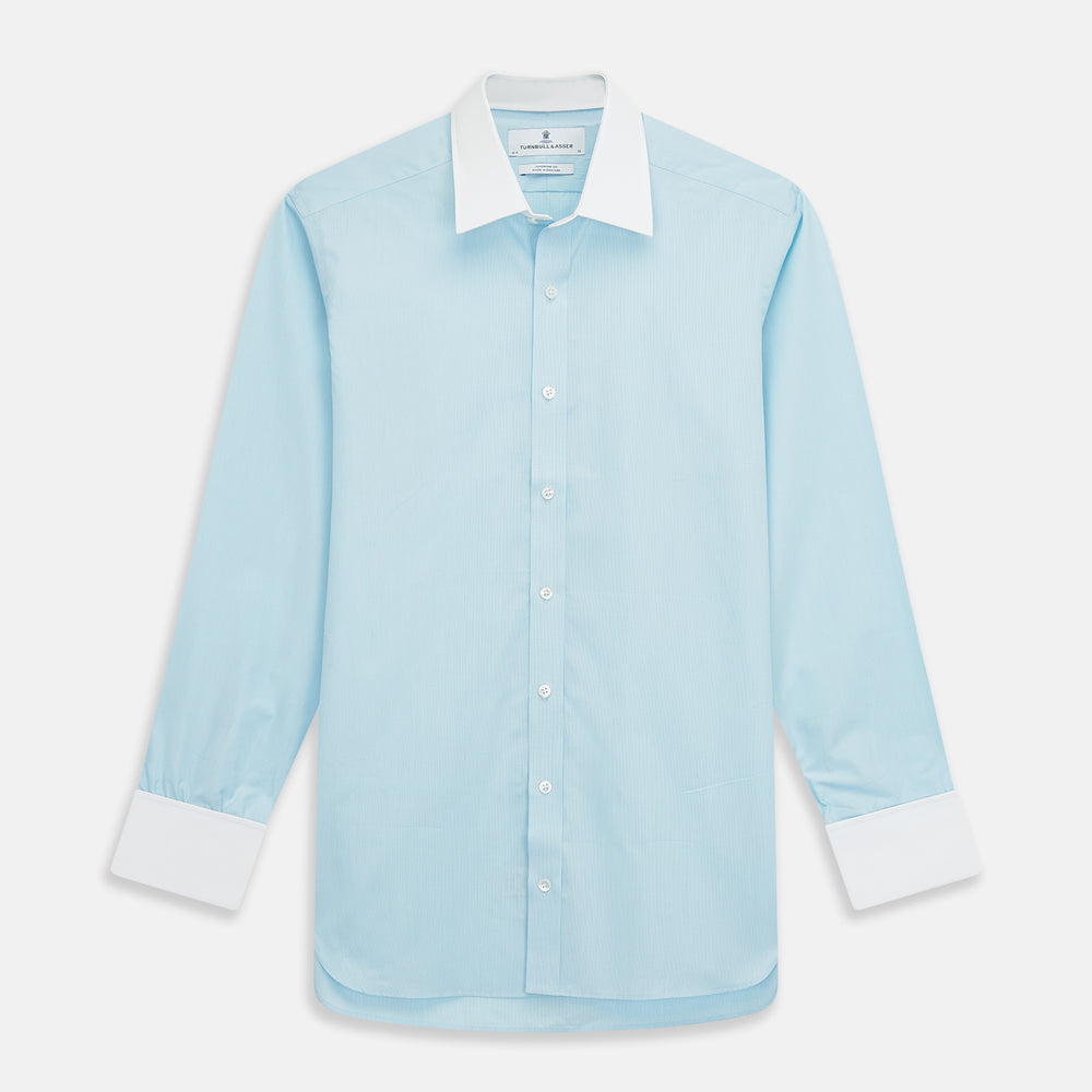 Green micro-check regular fit shirt by Turnbull & Asser, featuring a white T&A collar, double cuffs, and button-down front, laid flat on a white background.