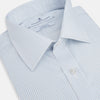 View 2 of product The Turnbull & Asser Blue and White Pencil Stripe Cashmerello Mayfair Shirt features a pointed collar, white buttons, buttoned cuffs, and long sleeves. Crafted from a cotton-cashmere blend, it’s displayed flat on a white background.