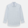 View 1 of product The Turnbull & Asser Blue and White Pencil Stripe Cashmerello Mayfair Shirt features a pointed collar, white buttons, buttoned cuffs, and long sleeves. Crafted from a cotton-cashmere blend, it’s displayed flat on a white background.